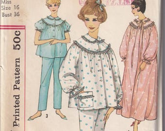 Vintage 1959 Simplicity 3239 Oklippt sömnadsmönster för fröknar, pyjamas och nattlinne, storlek 16, byst 36