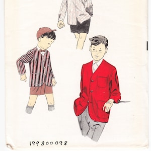 May include: A vintage sewing pattern for boys' clothing. The pattern is for a red jacket, a striped jacket, and a striped shirt. The pattern number is 8165, size 2. The pattern is from Advance, the easy printed pattern.