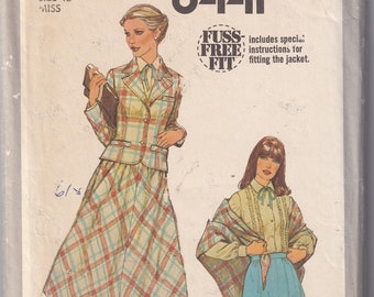 Vintage 1977 Simplicity 8441 Sewing Pattern Misses' Unlined Jacket, Bias Skirt, Blouse and Shawl Size 10 Bust 32-1/2
