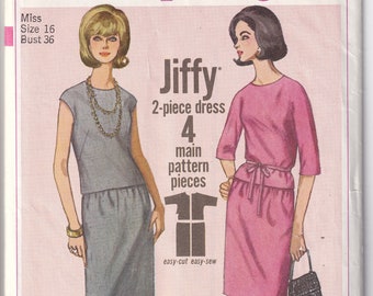 Vintage 1965 Simplicity 6268 Sewing Pattern Misses' Two Piece Dress Size 16 Bust 36