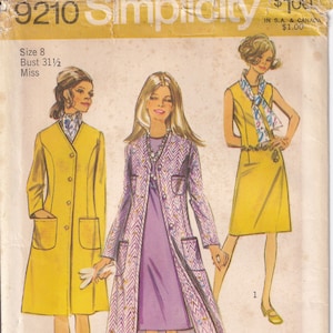 Vintage 1970 Simplicity 9210 UNCUT Sewing Pattern Misses&#39; Coat in Two Lengths and Dress Size 8 Bust 31-1/2