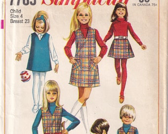Vintage 1968 Simplicity 7785 Sewing Pattern Child's and Girl's Jumper or Top, Skirt and Pants Size 4
