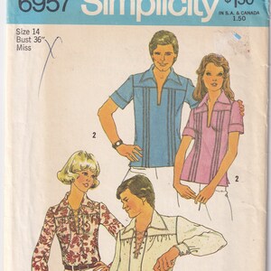 May include: Vintage Simplicity sewing pattern 6957, size 14, bust 91 cm. The illustration shows several collared shirts with different designs, including a floral print and solid colors. The pattern is from S.A. & Canada.