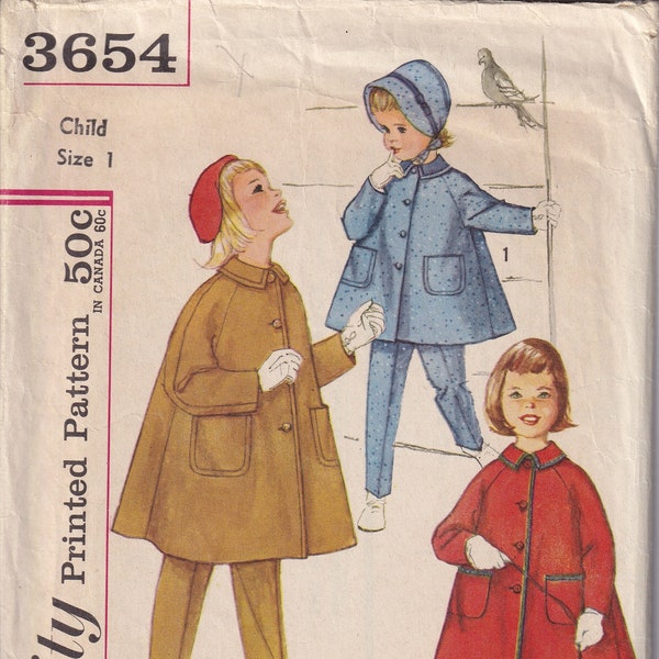 Vintage 1960 Simplicity 3654 Sewing Pattern Child's Coat, Tapered Pants and Hat Size 1