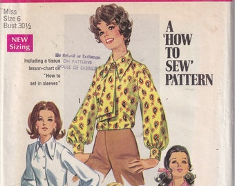 Vintage 1969 Simplicity 8299 UNCUT Sewing Pattern Misses' Blouse and Ascot Size 6 Bust 30-1/2