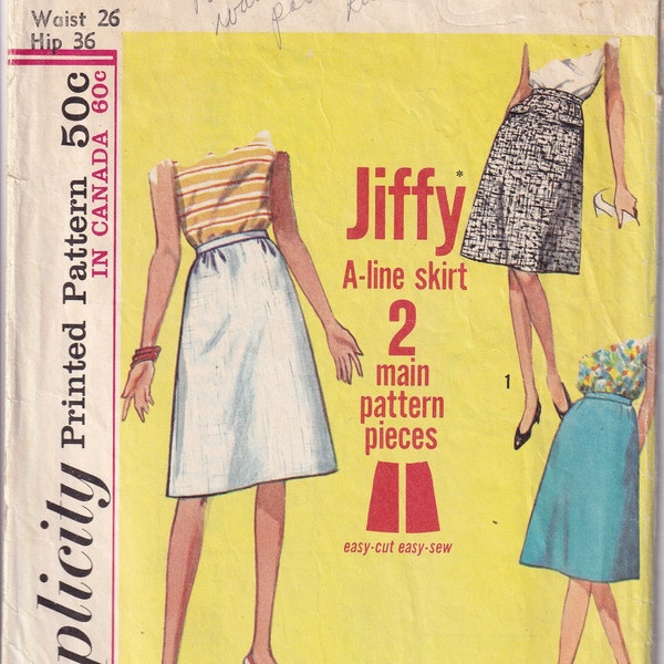 Vintage 1965 Simplicity 5937 Sewing Pattern Misses' A Line Skirt Waist 26 Hip 36