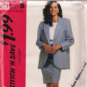 May include: A McCall's sewing pattern envelope 6360 for a two-piece suit featuring a blue and white gingham blazer and a matching knee-length skirt. The pattern is labelled size B, covering sizes 16-18-20-22, and includes the text Easy Stitch 'N Save.