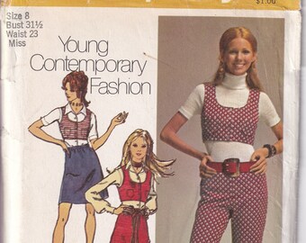 Vintage 1970 Simplicity 9215 UNCUT Sewing Pattern Misses' Skirt in Two Lengths, Bolero and Hip-Hugger Pants Size 8 Bust 31-1/2