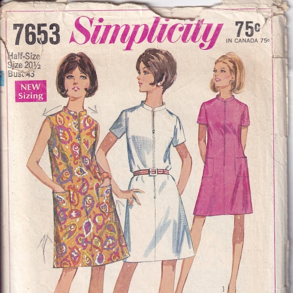 vintage 1968 Simplicity 7653 Sewing Pattern Women's Dress in Half-Sizes Size 20-1/2 Bust 43