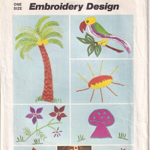 May include: Embroidery design pattern Simplicity 6198, one size, featuring a palm tree, parrot, sun, mushroom, and flowers.  The pattern is printed on a blue background.