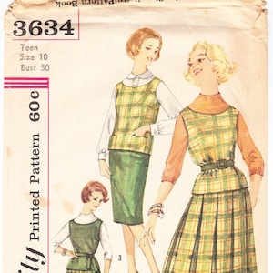 May include: A vintage sewing pattern for a plaid skirt and vest. The pattern is Simplicity 3634, size 10, bust 30. The pattern is for a teen and includes instructions for making a skirt and vest.