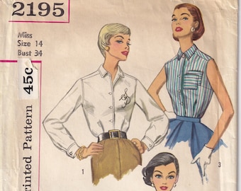 Vintage 1957 Simplicity 2195 Sewing Pattern Misses' and Women's Blouse Size 14 Bust 34