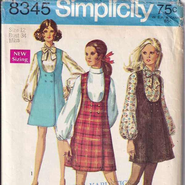 Vintage 1969 Simplicity 8345 Sewing Pattern Misses' Jumper in Two Lengths and Blouse Size 12 Bust 34