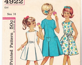 Vintage 1963 Simplicity 4922 Sewing Pattern Girls' One Piece Dress Size 14