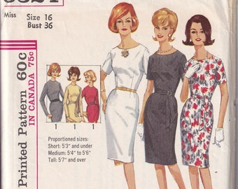 Vintage 1963 Simplicity 5324 Sewing Pattern Misses' One-Piece Dress in Proportioned Sizes Size 16 Bust 36