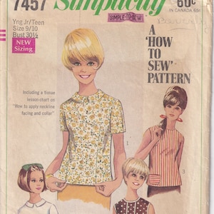 Vintage 1967 Simplicity 7457 Sewing Pattern Young Junior/Teen&#39;s Blouse Size 9/10 Bust 30-1/2