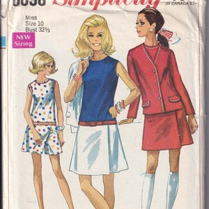 May include: Vintage Simplicity sewing pattern 8098 featuring three women's fashion designs. The illustration shows a mini-length skirt, shorts, and a suit. The pattern includes sizing information and the Simplicity logo.