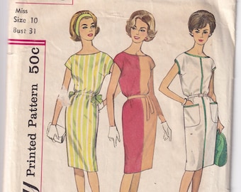 Vintage 1962 Simplicity 4469 Sewing Pattern Misses' One-Piece Dress Size 10 Bust 31