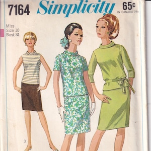 Vintage 1967 Simplicity 7164 UNCUT Sewing Pattern Misses' Two-Piece Dress Size 10 Bust 32-1/2