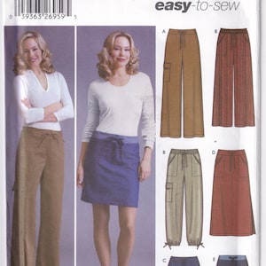 May include: A sewing pattern for pants and skirts. The pattern includes five different styles: wide-leg pants, a skirt, cargo pants, a long skirt, and shorts. The pattern is for sizes 6, 8, 10, and 12. The pattern is from Simplicity and is easy to sew.
