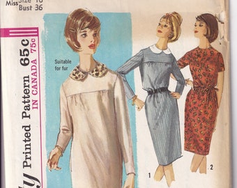 Vintage 1964 Simplicity 5576 Sewing Pattern Misses' One-Piece Dress With Detachable Collar Size 16 Bust 36