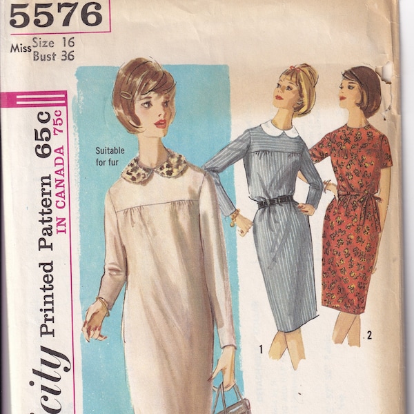 vintage 1964 Simplicité 5576 Modèle de couture Miss' Robe une pièce avec col détachable Taille 16 Buste 36