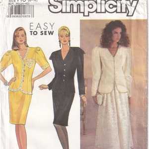 May include: A Simplicity sewing pattern for a skirt and jacket set. The pattern is for sizes 6-14 and includes instructions for an easy-to-sew project. The pattern shows three different styles of the skirt and jacket set, one in yellow, one in black, and one in white.