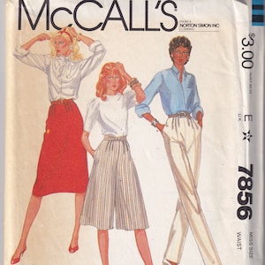 May include: McCall's sewing pattern number 7856 for a women's skirt. The pattern includes instructions for a personalized fit. The pattern is for a size 12 with a 26 1/2 inch waist.