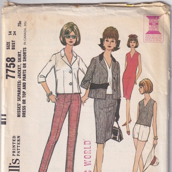 vintage 1965 McCall’s 7758 Sewing Pattern Misses Veste, Jupe, Robe ou Haut et Pantalon ou Short Taille 14 Buste 34