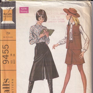 May include: Vintage sewing pattern for a shirt, sleeveless jacket, and culottes in two lengths. The pattern is for misses' and junior sizes 14, bust 36. The pattern is from McCall's and is printed on a yellow background with a black border.