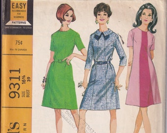 Vintage 1968 McCall's 9311 Sewing Pattern HalfSize Misses' Dress in Three Versions Size 16-1/2 Bust 39