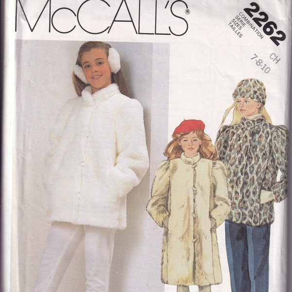 Vintage 1985 McCall's 2262 Sewing Pattern Girls' Coat or Jacket, Hat and and Earmuff Cover Faux Fur Size 7,8,10