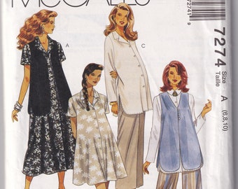 Vintage 1994 McCall's 7274 UNCUT Maternity Dress in Two Lengths, Tunic, Lined Vest, Pull-on Pants Size 6-10 Bust 30-1/2 - 32-1/2