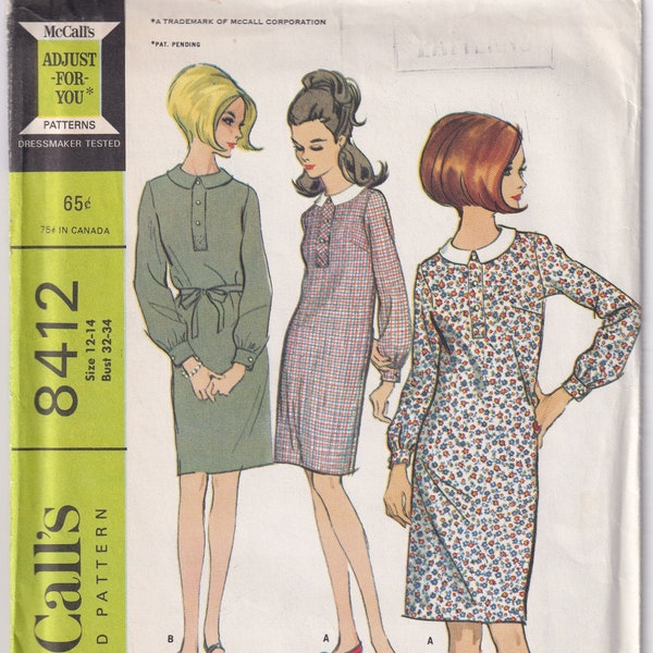 vintage 1966 McCall's 8412 Sewing Pattern Misses' Dress en deux versions Taille 12-14 Buste 32-34