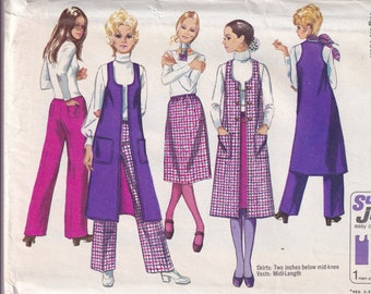 Vintage 1970 Simplicity 9075 UNCUT Sewing Pattern Young Junior, Teen's Midi Vest Coat, Skirt, Hip Hugger Pants Size 9/10 Bust 30-1/2