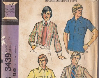 Modello di cucito vintage McCall's 3439 del 1972, camicia da uomo, modello sportivo, collo 15, petto 38