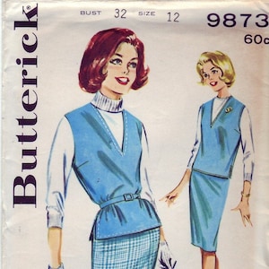 Vintage 1960 Butterick 9873 Oklippt Symönster Misses' Överblus och Kjol Koordinater Storlek 12 Byst 32