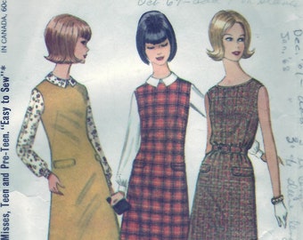 Vintage 1965 McCall's 7890 Sewing Pattern Misses', Pre-Teen, Teen Dress or Jumper and Blouse for Three Figure Types Size 8-10 Bust 28-29