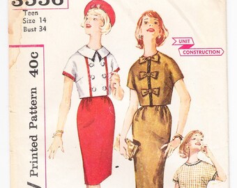 Vintage 1960 Simplicity 3556 UNCUT Sewing Pattern Teen and Junior Blouse and Skirt Size 14 Bust 34