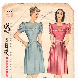 Jahrgang 1945 Einfachheit 1553 Schnittmuster Misses einteilige Kleid Größe 16 Büste 34