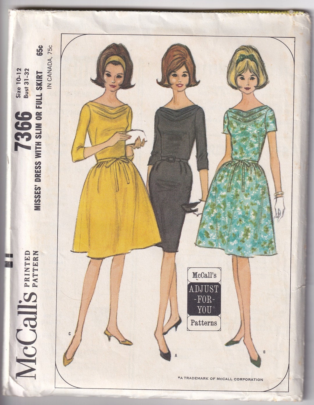 Vintage 1964 Mccall's 7366 Sewing Pattern Misses' Dress With Slim or