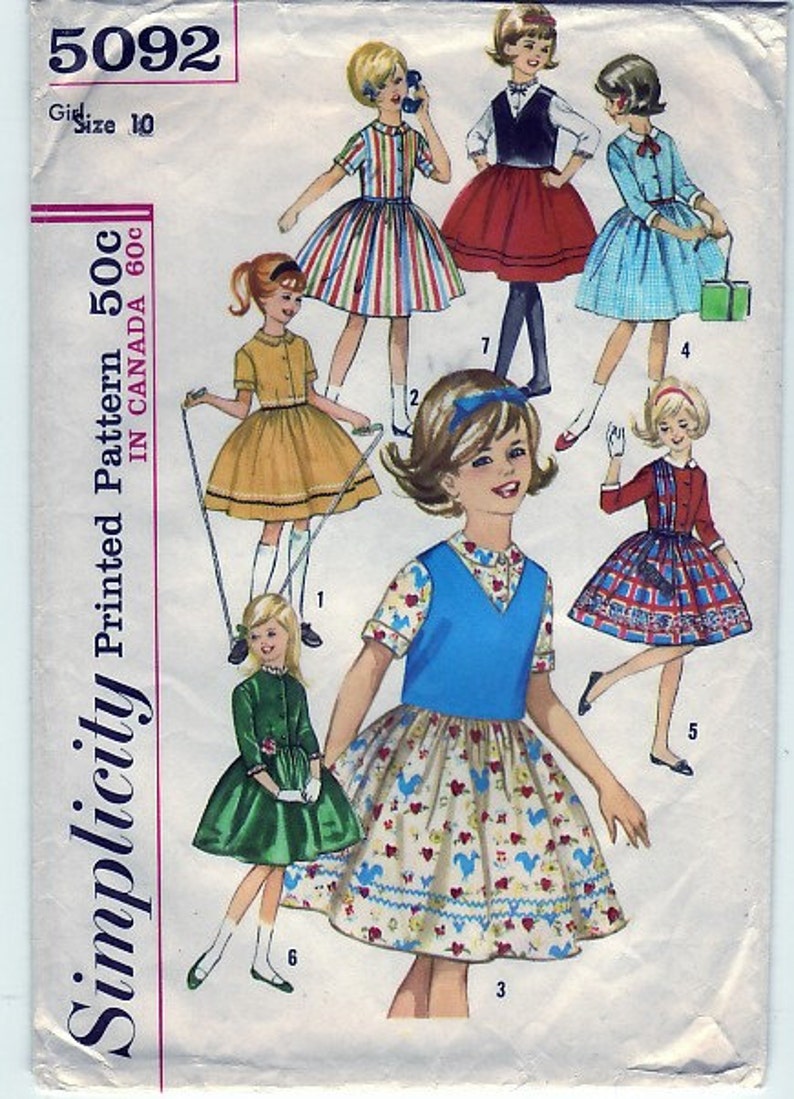 Vintage 1960s Simplicity 5092 Sewing Pattern Girl's One-Piece Dress and Weskit Size 10 image 1