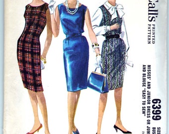 Vintage 1962 McCall's 6399 UNCUT Sewing Pattern Junior's, Misses' Dress or Jumper and Blouse Size 12 Bust 32