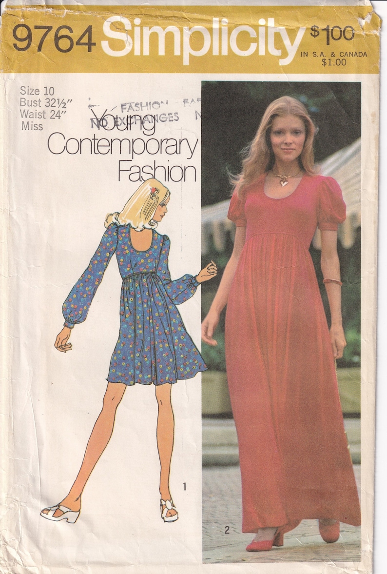 May include: Simplicity sewing pattern number 9764 for a contemporary fashion dress. The pattern includes two dress styles: a short-sleeved, knee-length dress with a floral print and a long-sleeved, maxi-length dress in a solid red color.