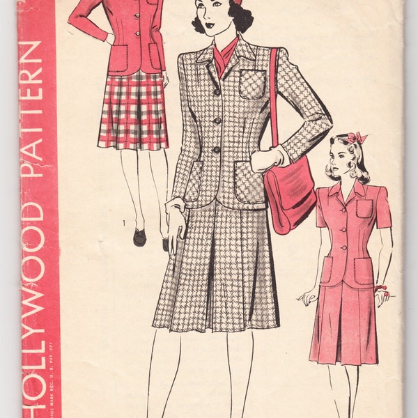 Vintage 1944 Hollywood 1245 Sewing Pattern Misses' Two-Piece Suit Size 14 Bust 32