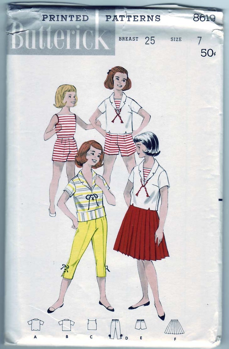 Vintage 1958 Butterick 8619 UNCUT Sewing Pattern Girl's Playtime Wardrobe Size 7 image 1