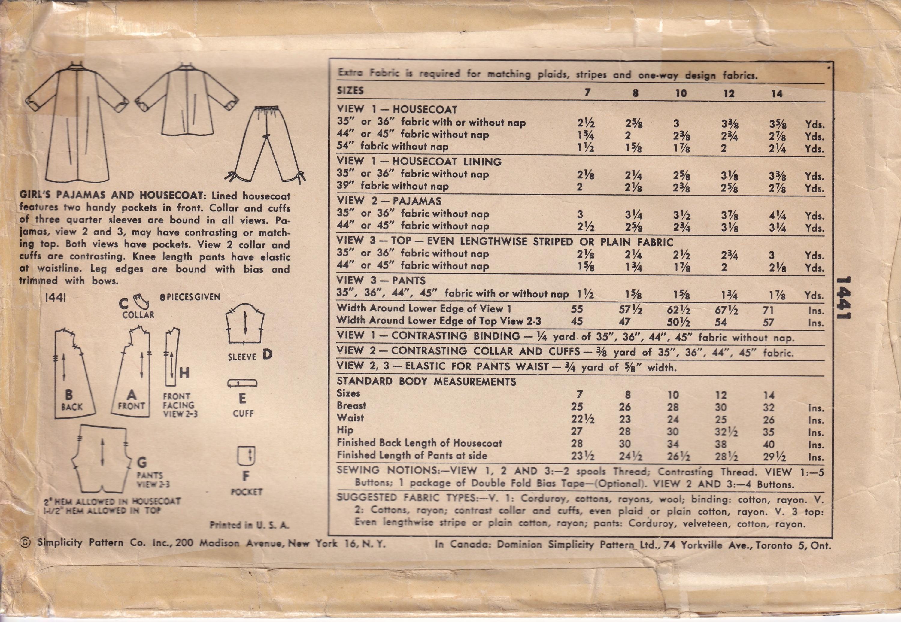 Vintage 1956 Simplicity 1441 Sewing Pattern Child's Girl's Pajamas