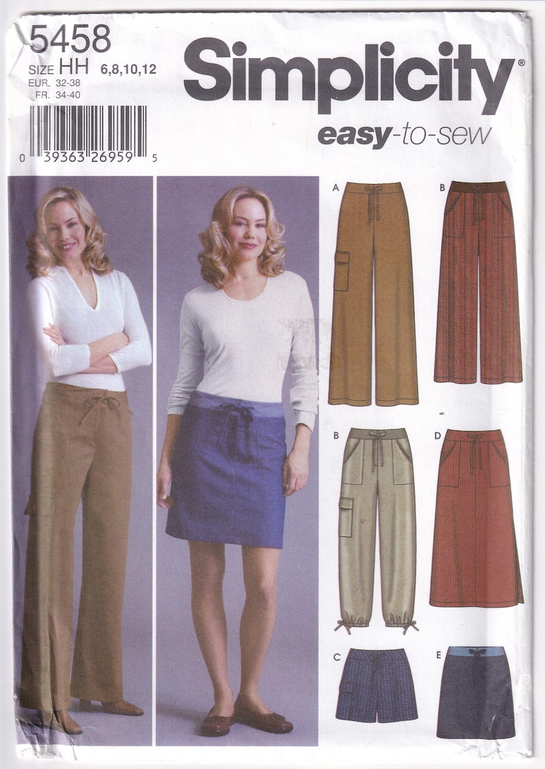 May include: A sewing pattern for pants and skirts. The pattern includes five different styles: wide-leg pants, a skirt, cargo pants, a long skirt, and shorts. The pattern is for sizes 6, 8, 10, and 12. The pattern is from Simplicity and is easy to sew.