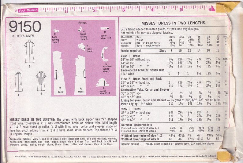Vintage 1970 Simplicity 9150 UNCUT Sewing Pattern Misses' - Etsy
