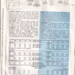 May include: Sewing pattern for a dress with a close-fitting bodice, flared skirt, and short or above elbow length sleeves. The pattern includes instructions for three different dress lengths: mid-calf, lower calf, or evening length. The pattern also includes instructions for a ruffle and purchased trim. The pattern is for sizes 8 to 16.